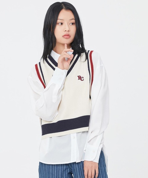 ROMANTIC CROWN（ロマンティッククラウン）の「『ROMANTIC CROWN/ロマンティッククラウン』WOMAN LINING KNIT VEST/ライニングニットベスト (レディースアイテム)（ベスト・レディース・ネイビー/アイボリー・M）」の2枚目の写真