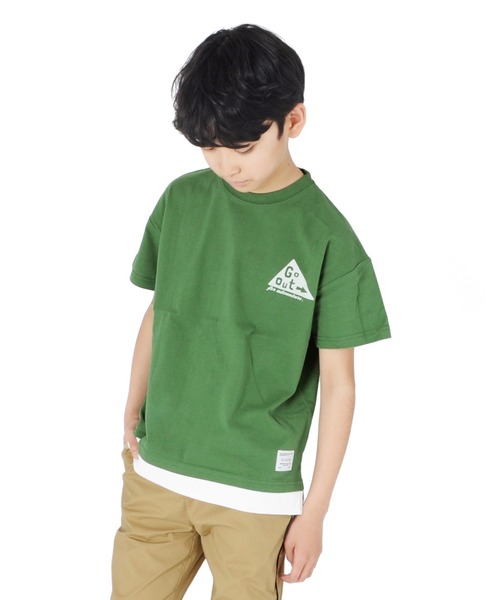 GLAZOS（グラソス）の「ソフト天竺・ドロップショルダーアウトドアロゴプリントレイヤード半袖Tシャツ（Tシャツ/カットソー・キッズ・グレー/グリーン/イエロー・130cm/160cm/170cm/150cm/140cm）」の3枚目の写真