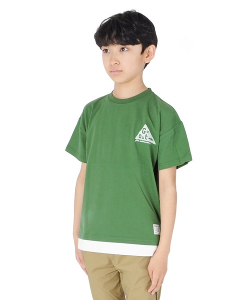 GLAZOS（グラソス）の「ソフト天竺・ドロップショルダーアウトドアロゴプリントレイヤード半袖Tシャツ（Tシャツ/カットソー・キッズ・グレー/グリーン/イエロー・130cm/160cm/170cm/150cm/140cm）」の9枚目の写真