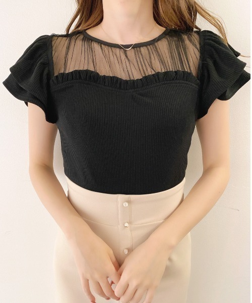 MIIA（ミーア）の「シアープリーツトップス（Tシャツ/カットソー・レディース・ブラック/オフホワイト/ブルー・FREE）」の3枚目の写真