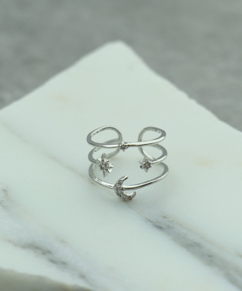 Three Four Time(スリーフォータイム)の「星月3連風フリーリング(リング・レディース・シルバー/ゴールド/ピンクゴールド・FREE)」の1枚目の写真