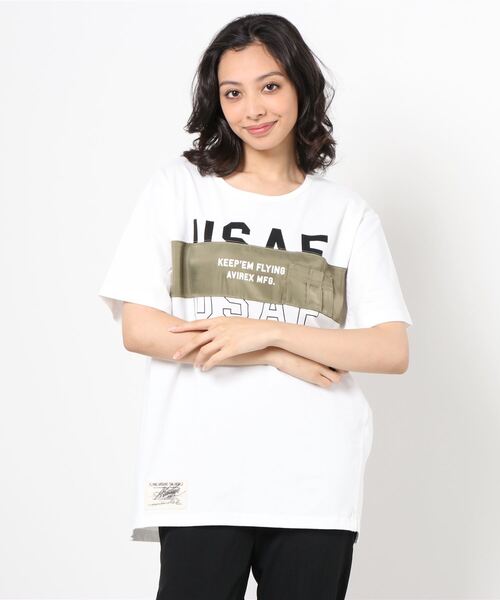 AVIREX（アヴィレックス）の「AVIREX/ アヴィレックス　プリントコンビミリタリープルオーバー/ PRINT COMBI MILITARY PULLOVER（Tシャツ/カットソー・レディース・オフホワイト/ブルー/マスタード・FREE）」の2枚目の写真
