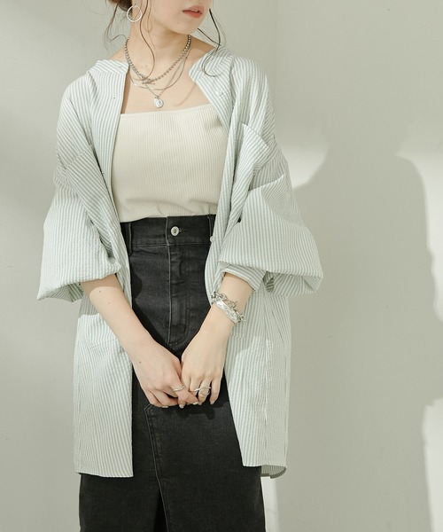 Chico(チコ)の「ストライプブロッキングシャツ(シャツ/ブラウス・レディース・ブラック/ミント/ピンク/ネイビー・FREE)」の9枚目の写真