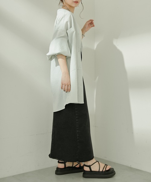 Chico(チコ)の「ストライプブロッキングシャツ(シャツ/ブラウス・レディース・ブラック/ミント/ピンク/ネイビー・FREE)」の7枚目の写真