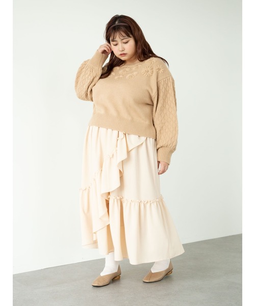 SLURR(スラ―)の「【大きいサイズ】フラワーモチーフニット(ニット/セーター・レディース・ベージュ/アイボリー・L)」の3枚目の写真