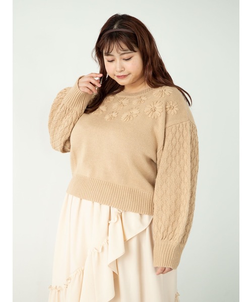 SLURR(スラ―)の「【大きいサイズ】フラワーモチーフニット(ニット/セーター・レディース・ベージュ/アイボリー・L)」の8枚目の写真
