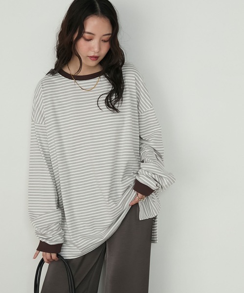 forksy.（フォルクシー）の「【forksy.】配色リブオーバーサイズカットソー/ボーダー・無地（Tシャツ/カットソー・レディース・ブラック/ダークブラウン/オレンジ/ブルー/グリーン/アイボリー/ピンク系その他/ホワイト×ブラック/ケリーグリーン/イエロー/ロイヤルブルー/ピンク/グリーン系その他/ライトグレー/グリーン系その他2/ミント/オフホワイト/ブルー系その他/ライム/レッド/ピンク系その他2/ダークネイビー/グリーン系その他3/キナリ/アイボリー系/ライトベージュ/ブラック系その他/ブラック系その他2/グレー/ネイビー系/ブラック系その他3/チャコール/グレー系その他/ブラック系その他4/レッド系その他/ターメリック/アイボリー系1/ネイビー系3/ネイビー系2/ネイビー系1/ベージュ/チャコールグレー/ホワイト系2/グレー系2/ピンク系2・FREE）」の21枚目の写真