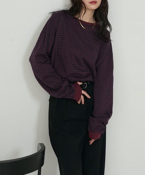 forksy.(フォルクシー)の「【forksy.】配色リブオーバーサイズカットソー/ボーダー・無地(Tシャツ/カットソー・レディース・ブラック/ダークブラウン/オレンジ/ブルー/グリーン/アイボリー/ピンク系その他/ホワイト×ブラック/ケリーグリーン/イエロー/ロイヤルブルー/ピンク/グリーン系その他/ライトグレー/グリーン系その他2/ミント/オフホワイト/ブルー系その他/ライム/レッド/ピンク系その他2/ダークネイビー/グリーン系その他3/キナリ/アイボリー系/ライトベージュ/ブラック系その他/ブラック系その他2/グレー/ネイビー系/ブラック系その他3/チャコール/グレー系その他/ブラック系その他4/レッド系その他/ターメリック/アイボリー系1/ネイビー系3/ネイビー系2/ネイビー系1/ベージュ/チャコールグレー/ホワイト系2/グレー系2/ピンク系2・FREE)」の2枚目の写真