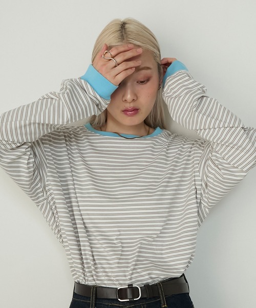 forksy.（フォルクシー）の「【forksy.】配色リブオーバーサイズカットソー/ボーダー・無地（Tシャツ/カットソー・レディース・ブラック/ダークブラウン/オレンジ/ブルー/グリーン/アイボリー/ピンク系その他/ホワイト×ブラック/ケリーグリーン/イエロー/ロイヤルブルー/ピンク/グリーン系その他/ライトグレー/グリーン系その他2/ミント/オフホワイト/ブルー系その他/ライム/レッド/ピンク系その他2/ダークネイビー/グリーン系その他3/キナリ/アイボリー系/ライトベージュ/ブラック系その他/ブラック系その他2/グレー/ネイビー系/ブラック系その他3/チャコール/グレー系その他/ブラック系その他4/レッド系その他/ターメリック/アイボリー系1/ネイビー系3/ネイビー系2/ネイビー系1/ベージュ/チャコールグレー/ホワイト系2/グレー系2/ピンク系2・FREE）」の18枚目の写真