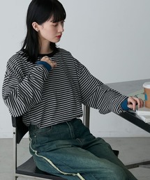 【forksy.】配色リブオーバーサイズカットソー/ボーダー・無地