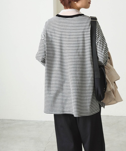 forksy.】配色リブオーバーサイズカットソー/ボーダー・無地（T