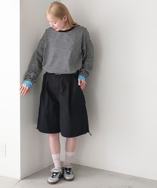 ボーダーカットソー パーカー風デザインプルオーバー[K](T) カットソー ボーダー レディース 五分袖 日本製 Tシャツ プル