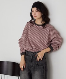 Tシャツ/カットソー（ピンク/桃色系・ライン柄）ファッション通販