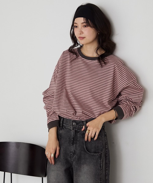 Tシャツ/カットソー（ピンク/桃色系・ライン柄）ファッション通販