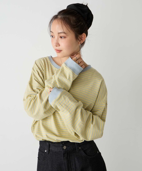 Tシャツ/カットソー（イエロー/黄色系・ボーダー柄）ファッション通販