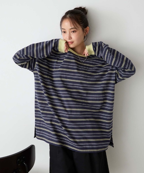 【素敵なデザイン❗️】45rpm ボーダー柄 ドッキング 半袖カットソー 大きめ Tシャツ/カットソー（ブルー・ネイビー/青色系・ボーダー柄