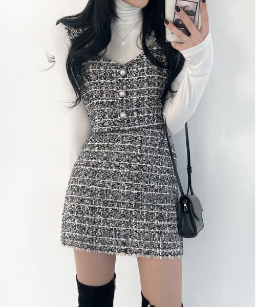 BEIDELLI（ベイデリー）の「[BELLIDE MADE] ツイードビスチェ+スカートセット（セットアップ・レディース・ネイビー/ピンク・FREE）」の3枚目の写真