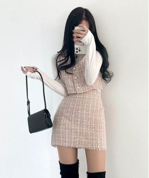 BEIDELLI（ベイデリー）の「[BELLIDE MADE] ツイードビスチェ+スカートセット（セットアップ・レディース・ネイビー/ピンク・FREE）」の7枚目の写真