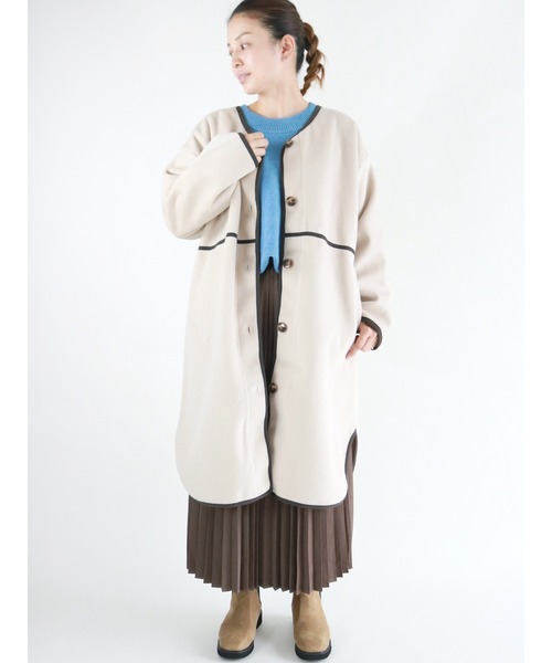 Lugnoncure（ルノンキュール）の「カットメルトンロングコート（ノーカラーコート・レディース・ベージュ/ブラウン/チャコール・ﾌﾘ-）」の3枚目の写真