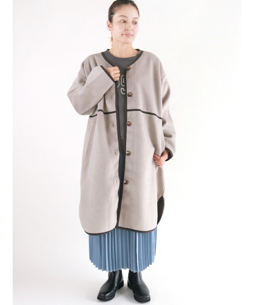 Lugnoncure（ルノンキュール）の「カットメルトンロングコート（ノーカラーコート・レディース・ベージュ/ブラウン/チャコール・ﾌﾘ-）」の2枚目の写真
