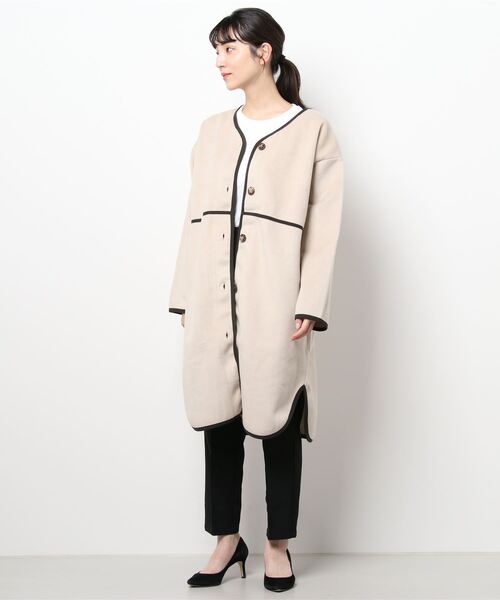 Lugnoncure（ルノンキュール）の「カットメルトンロングコート（ノーカラーコート・レディース・ベージュ/ブラウン/チャコール・ﾌﾘ-）」の7枚目の写真