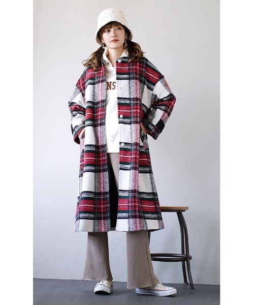 zootie（ズーティー）の「オリジナルチェック柄 ウール混 バックベルト ノーカラーコート（ノーカラーコート・レディース・チェック・フリー）」の3枚目の写真