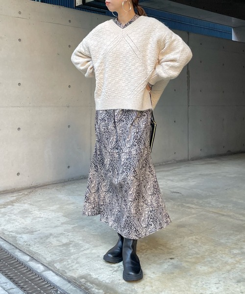 DouDou(ドゥドゥ)の「柄編みVネックプルオーバー(ニット/セーター・レディース・ベージュ/オフホワイト・FREE)」の5枚目の写真