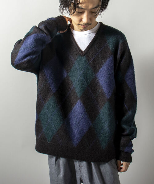 GYMPHLEX（ジムフレックス）の「【GYMPHLEX/ジムフレックス】モヘヤミックス アーガイル Vネックプルオーバーニット（ニット/セーター・メンズ・ブラウン系その他/ブルー系その他・LARGE）」の2枚目の写真