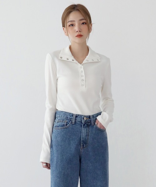 UNE MANSION（ユヌマンション）の「[UNE ORIGINAL] 【9カラー展開】コットンスナップTシャツ（Tシャツ/カットソー・レディース・アイボリー/ブラック/ブラウン/ミント/ライトグレー/ブルー/ピンク系その他/ベージュ/クリーム・FREE）」の15枚目の写真