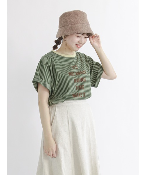 Samansa Mos2(サマンサ モスモス)の「フロッキープリントボーダーTシャツ(Tシャツ/カットソー・レディース・ベージュ/ブルー/グリーン/マスタード・フリ-)」の3枚目の写真