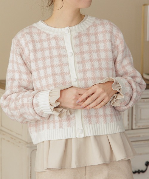 flower（フラワー）の「ビスケットチェックニット（ニット/セーター・レディース・ピンク/ブラウン/イエロー/ピンク系その他・FREE）」の4枚目の写真