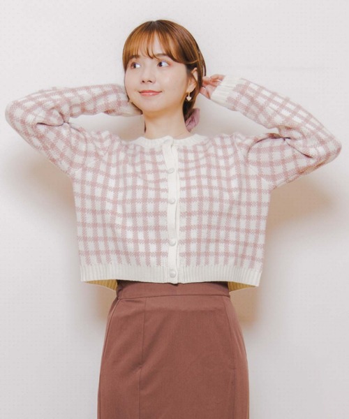 flower（フラワー）の「ビスケットチェックニット（ニット/セーター・レディース・ピンク/ブラウン/イエロー/ピンク系その他・FREE）」の3枚目の写真