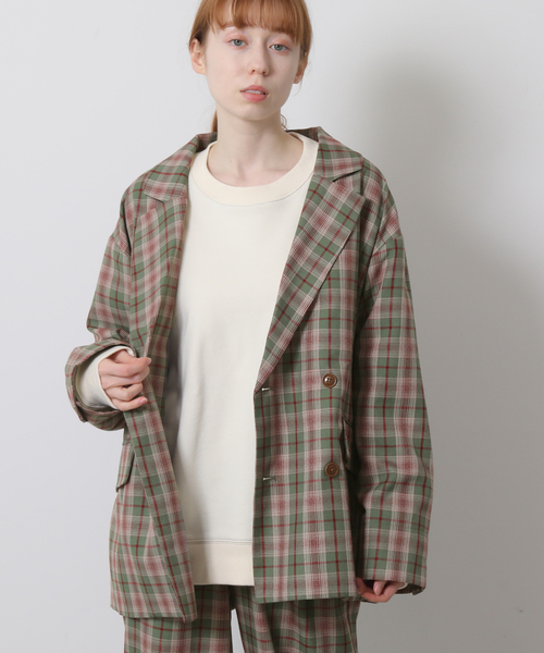 DOUBLE NAME（ダブルネーム）の「先染めチェックゆるテーパードジャケット（テーラードジャケット・レディース・グレイッシュベージュ/カーキ/ブルー・FREE）」の3枚目の写真