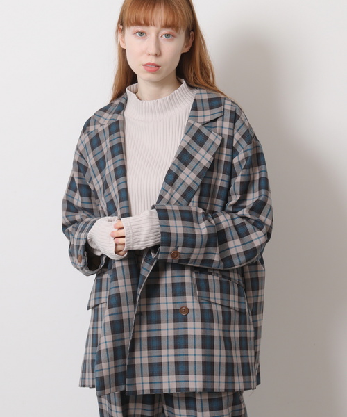 DOUBLE NAME（ダブルネーム）の「先染めチェックゆるテーパードジャケット（テーラードジャケット・レディース・グレイッシュベージュ/カーキ/ブルー・FREE）」の2枚目の写真