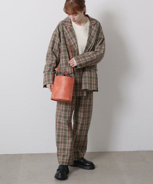 DOUBLE NAME（ダブルネーム）の「先染めチェックゆるテーパードジャケット（テーラードジャケット・レディース・グレイッシュベージュ/カーキ/ブルー・FREE）」の11枚目の写真