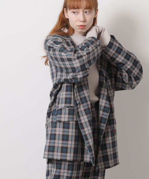 DOUBLE NAME（ダブルネーム）の「先染めチェックゆるテーパードジャケット（テーラードジャケット・レディース・グレイッシュベージュ/カーキ/ブルー・FREE）」の8枚目の写真