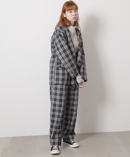 DOUBLE NAME（ダブルネーム）の「先染めチェックゆるテーパードジャケット（テーラードジャケット・レディース・グレイッシュベージュ/カーキ/ブルー・FREE）」の5枚目の写真