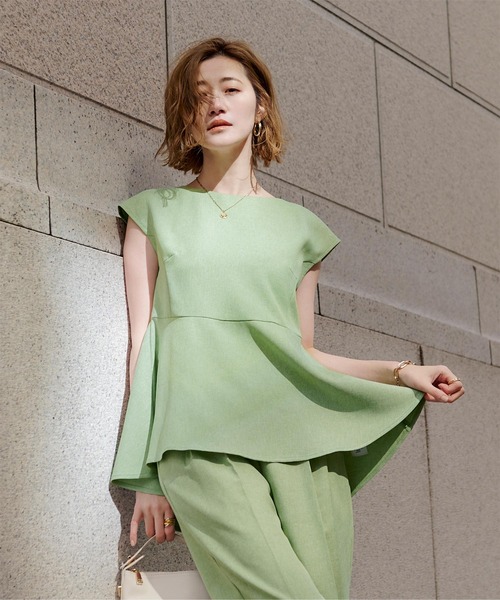 リネンライクフレンチスリーブペプラムトップス