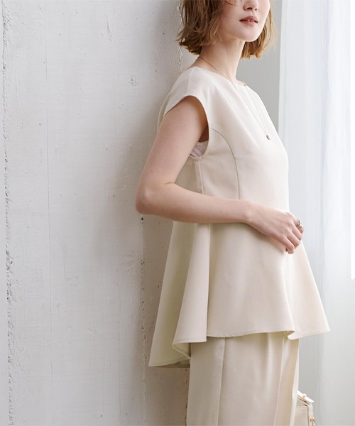 リネンライクフレンチスリーブペプラムトップス