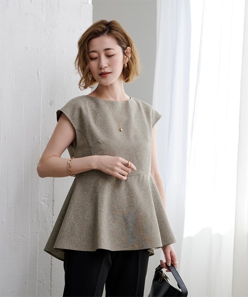 リネンライクフレンチスリーブペプラムトップス