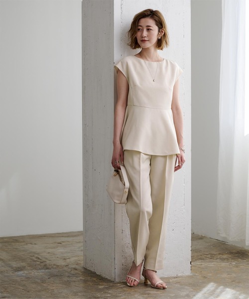 リネンライクフレンチスリーブペプラムトップス