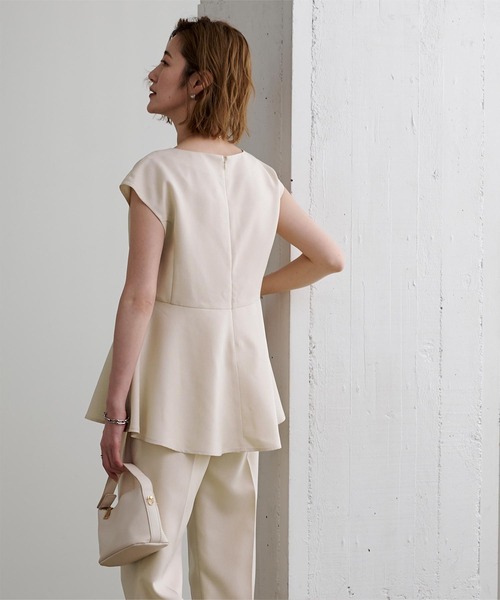 リネンライクフレンチスリーブペプラムトップス