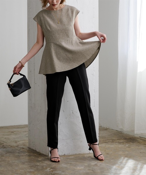 リネンライクフレンチスリーブペプラムトップス