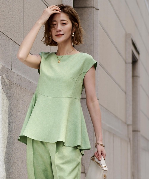 リネンライクフレンチスリーブペプラムトップス