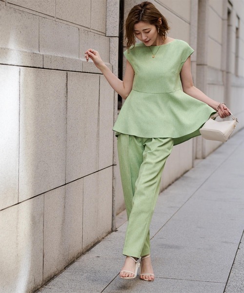 リネンライクフレンチスリーブペプラムトップス