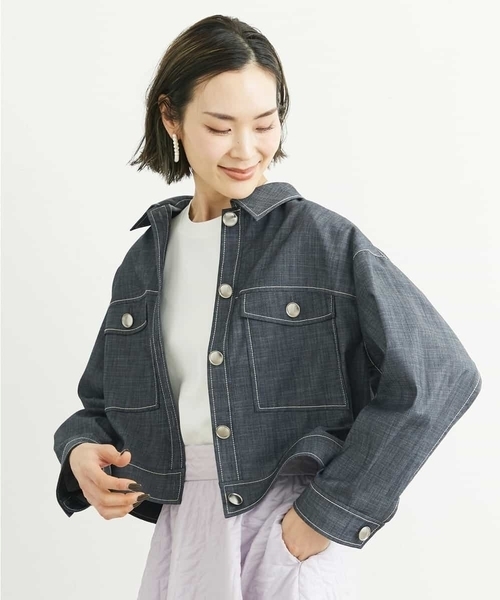 MICHEL KLEIN（ミッシェル・クラン）の「[季節の変わり目に]デニムライクブルゾン（セットアップ対応）（デニムジャケット・レディース・ミント/ネイビー・38）」の2枚目の写真