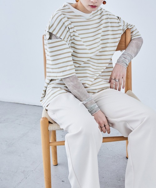 Fashion Letter(ファッションレター)の「ボーダー カットアウト ビッグ5分袖Tシャツ(Tシャツ/カットソー・レディース・グリーン/ピンク/ベージュ/ブルー/ブラック・M)」の1枚目の写真