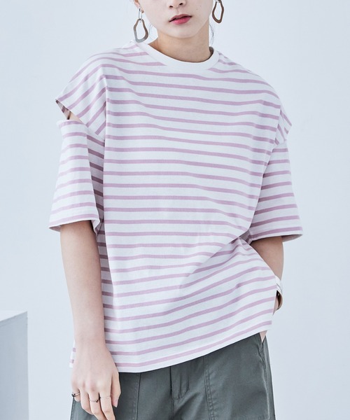 Fashion Letter(ファッションレター)の「ボーダー カットアウト ビッグ5分袖Tシャツ(Tシャツ/カットソー・レディース・グリーン/ピンク/ベージュ/ブルー/ブラック・M)」の5枚目の写真