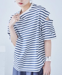 ボーダー カットアウト ビッグ5分袖Tシャツ