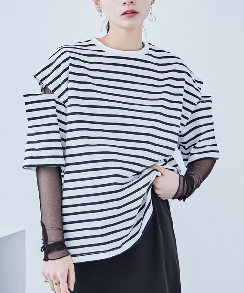 Fashion Letter(ファッションレター)の「ボーダー カットアウト ビッグ5分袖Tシャツ(Tシャツ/カットソー・レディース・グリーン/ピンク/ベージュ/ブルー/ブラック・M)」の2枚目の写真
